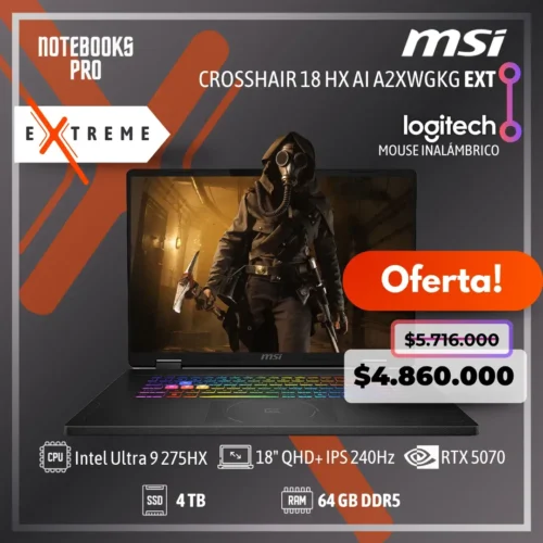 MSI CROSSHAIR 18 HX AI A2XWGKG EXTREME - Ultra 9 275HX - SSD 4 TB - 64 GB RAM DDR5 - RTX 5070 - 18" QHD+ IPS 240Hz - Teclado Retroiluminado - 24 Núcleos
