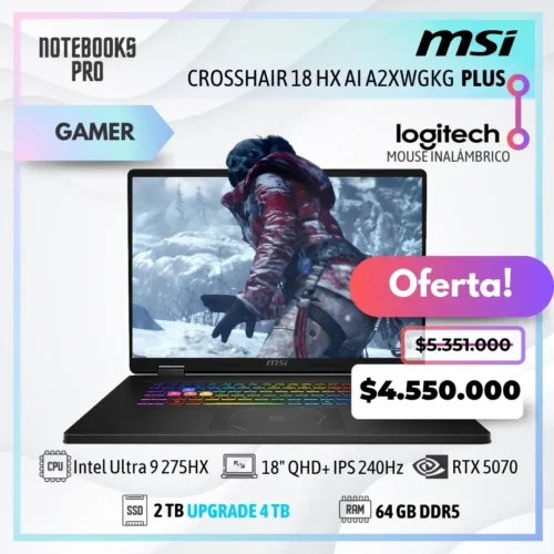 MSI CROSSHAIR 18 HX AI A2XWGKG PLUS - Ultra 9 275HX - SSD 2 TB - 64 GB RAM DDR5 - RTX 5070 - 18" QHD+ IPS 240Hz - Teclado Retroiluminado - 24 Núcleos