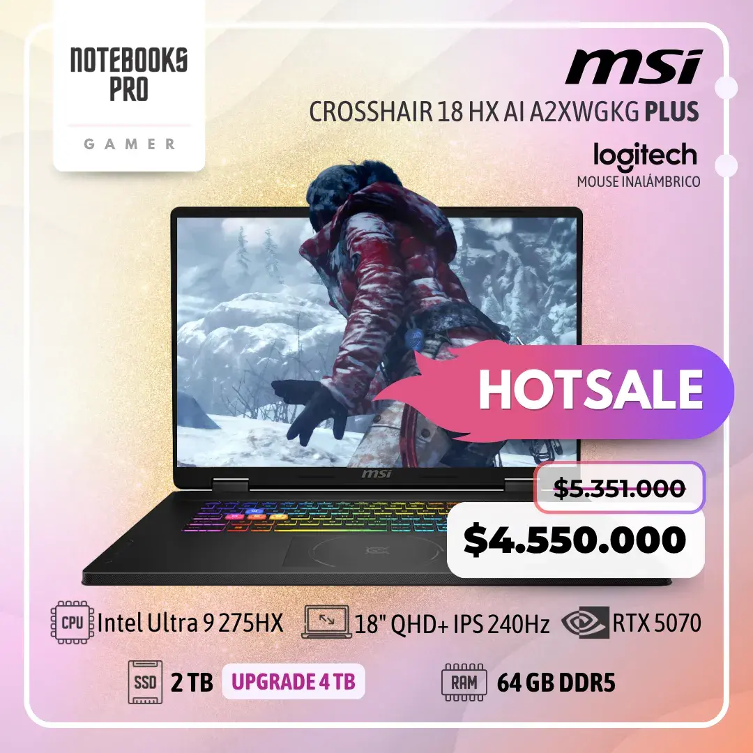 MSI CROSSHAIR 18 HX AI A2XWGKG PLUS - Ultra 9 275HX - SSD 2 TB - 64 GB RAM DDR5 - RTX 5070 - 18" QHD+ IPS 240Hz - Teclado Retroiluminado - 24 Núcleos