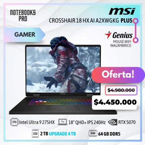 MSI CROSSHAIR 18 HX AI A2XWGKG PLUS - Ultra 9 275HX - SSD 2 TB - 64 GB RAM DDR5 - RTX 5070 - 18" QHD+ IPS 240Hz - Teclado Retroiluminado - 24 Núcleos