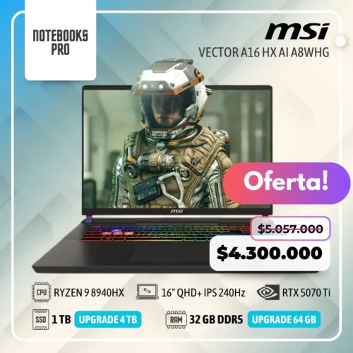 MSI VECTOR A16 HX AI A8WHG - RYZEN 9 8940HX - SSD 1 TB - 32 GB RAM DDR5 - RTX 5070 Ti - 16" QHD+ IPS 240Hz - Teclado Retroiluminado - 16 Núcleos