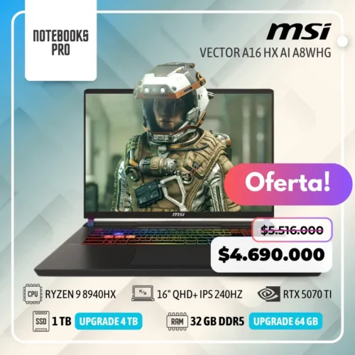 MSI VECTOR A16 HX AI A8WHG - RYZEN 9 8940HX - SSD 1 TB - 32 GB RAM DDR5 - RTX 5070 Ti - 16" QHD+ IPS 240Hz - Teclado Retroiluminado - 16 Núcleos