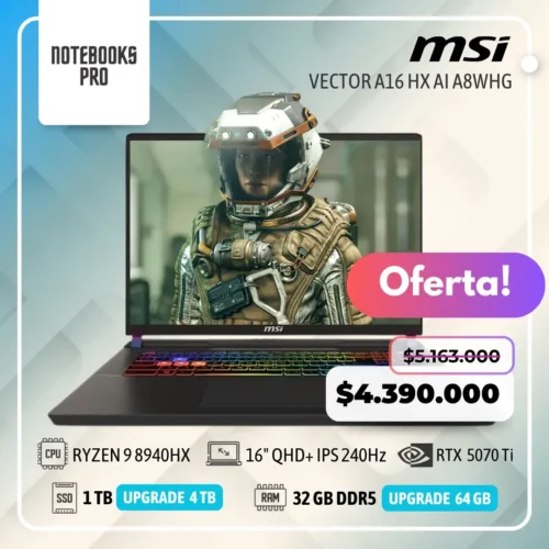MSI VECTOR A16 HX AI A8WHG - RYZEN 9 8940HX - SSD 1 TB - 32 GB RAM DDR5 - RTX 5070 Ti - 16" QHD+ IPS 240Hz - Teclado Retroiluminado - 16 Núcleos