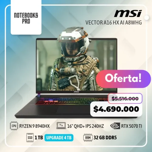MSI VECTOR A16 HX AI A8WHG - RYZEN 9 8940HX - SSD 1 TB - 32 GB RAM DDR5 - RTX 5070 Ti - 16" QHD+ IPS 240Hz - Teclado Retroiluminado - 16 Núcleos