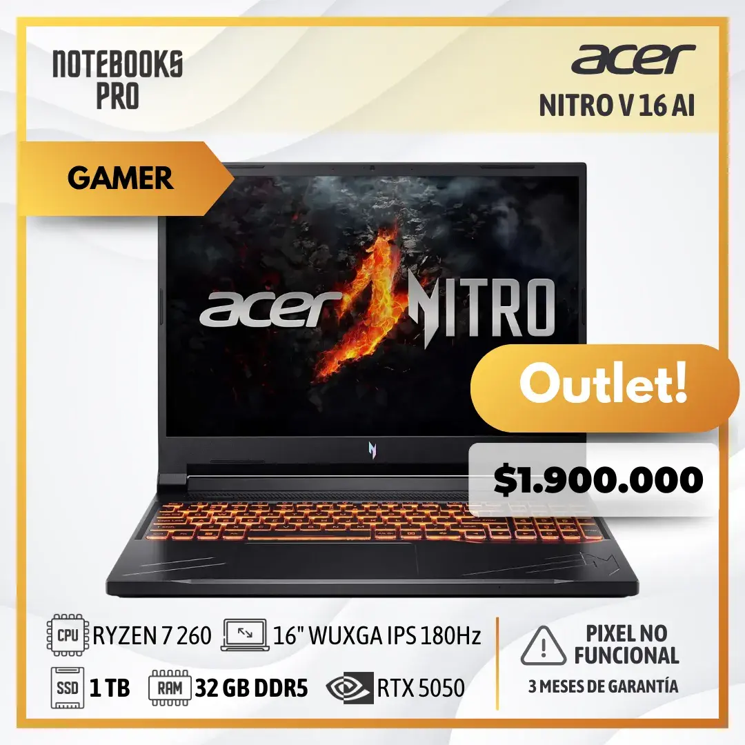 (OUTLET) ACER NITRO V 16 AI - RYZEN 7 260 - SSD 1 TB - 32 GB RAM DDR5 - RTX 5050 - 16" WUXGA IPS 180Hz - 8 Núcleos - Teclado Retroiluminado
