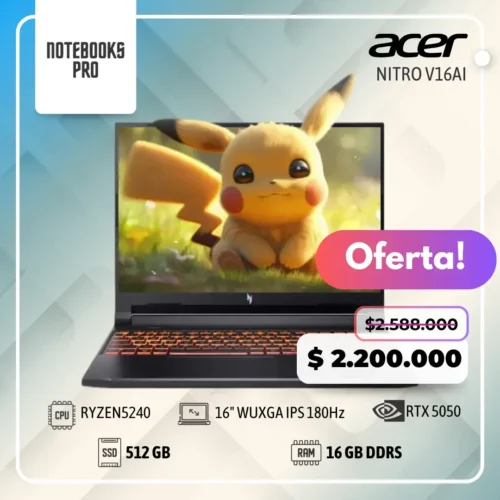 ACER NITRO V 16 AI - RYZEN 5 240 - SSD 512 GB - 16 GB RAM DDR5 - RTX 5050 - 16" WUXGA IPS 180Hz - 6 Núcleos - Teclado Retroiluminado