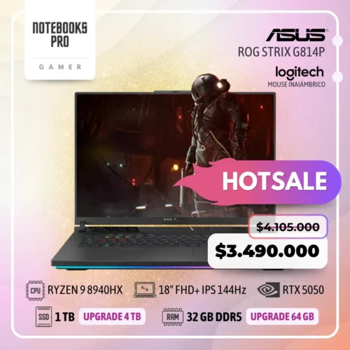 ASUS ROG STRIX G814P - RYZEN 9 8940HX - SSD 1 TB - 32 GB RAM DDR5 - RTX 5050 - 18" FHD+ IPS 144Hz - Teclado Retroiluminado - 16 Núcleos