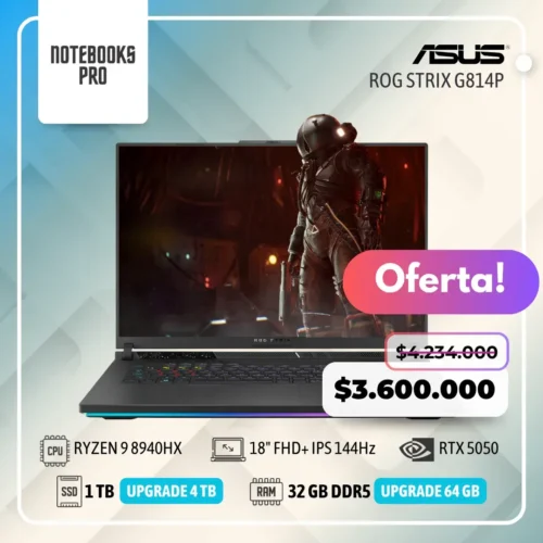 ASUS ROG STRIX G814P - RYZEN 9 8940HX - SSD 1 TB - 32 GB RAM DDR5 - RTX 5050 - 18" FHD+ IPS 144Hz - Teclado Retroiluminado - 16 Núcleos