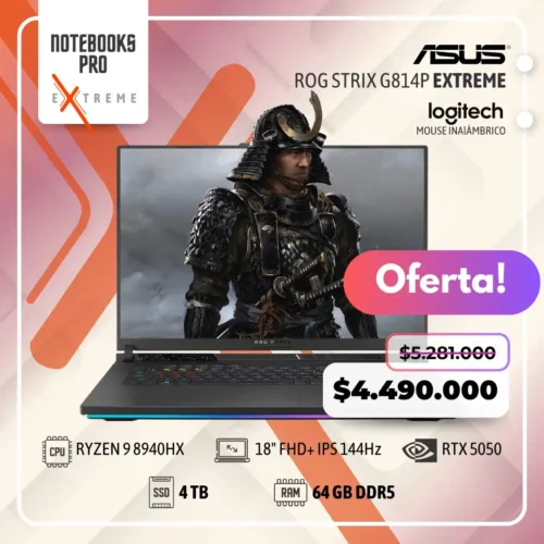 ASUS ROG STRIX G814P EXTREME - RYZEN 9 8940HX - SSD 4 TB - 64 GB RAM DDR5 - RTX 5050 - 18" FHD+ IPS 144Hz - Teclado Retroiluminado - 16 Núcleos