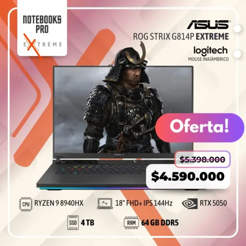 ASUS ROG STRIX G814P EXTREME - RYZEN 9 8940HX - SSD 4 TB - 64 GB RAM DDR5 - RTX 5050 - 18" FHD+ IPS 144Hz - Teclado Retroiluminado - 16 Núcleos