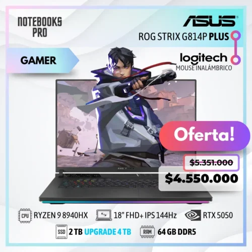 ASUS ROG STRIX G814P PLUS - RYZEN 9 8940HX - SSD 2 TB - 64 GB RAM DDR5 - RTX 5050 - 18" FHD+ IPS 144Hz - Teclado Retroiluminado - 16 Núcleos