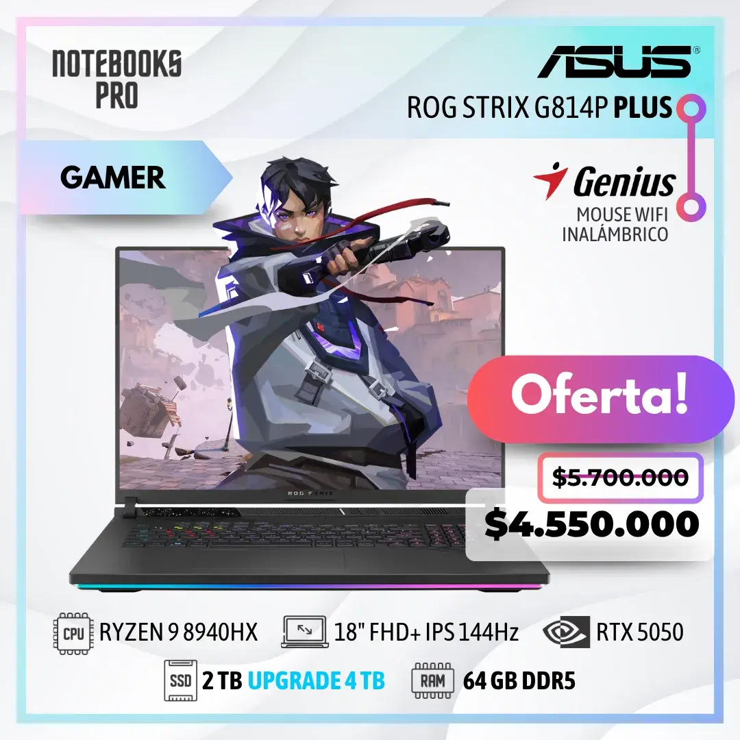 ASUS ROG STRIX G814P PLUS - RYZEN 9 8940HX - SSD 2 TB - 64 GB RAM DDR5 - RTX 5050 - 18" FHD+ IPS 144Hz - Teclado Retroiluminado - 16 Núcleos