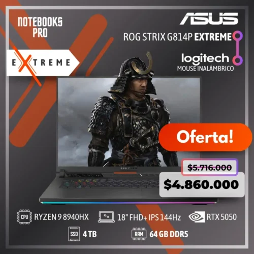 ASUS ROG STRIX G814P EXTREME - RYZEN 9 8940HX - SSD 4 TB - 64 GB RAM DDR5 - RTX 5050 - 18" FHD+ IPS 144Hz - Teclado Retroiluminado - 16 Núcleos