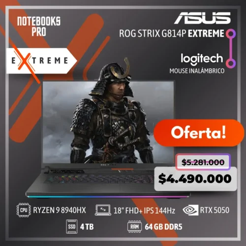 ASUS ROG STRIX G814P EXTREME - RYZEN 9 8940HX - SSD 4 TB - 64 GB RAM DDR5 - RTX 5050 - 18" FHD+ IPS 144Hz - Teclado Retroiluminado - 16 Núcleos