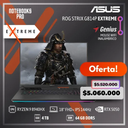 ASUS ROG STRIX G814P EXTREME - RYZEN 9 8940HX - SSD 4 TB - 64 GB RAM DDR5 - RTX 5050 - 18" FHD+ IPS 144Hz - Teclado Retroiluminado - 16 Núcleos