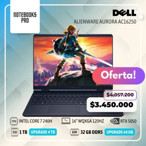 DELL ALIENWARE AURORA AC16250 - Intel Core 7 240H - SSD 1 TB - 32 GB RAM DDR5 - RTX 5050 - 16" WQXGA 120Hz - Teclado Retroiluminado - 10 Núcleos