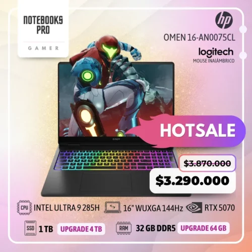 HP OMEN 16-AN0075CL - ULTRA 9 285H - SSD 1 TB - 32 GB RAM DDR5 - RTX 5070- 16" WUXGA 144Hz - Teclado Retroiluminado - 16 Núcleos