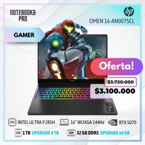 HP OMEN 16-AN0075CL - ULTRA 9 285H - SSD 1 TB - 32 GB RAM DDR5 - RTX 5070- 16" WUXGA 144Hz - Teclado Retroiluminado - 16 Núcleos