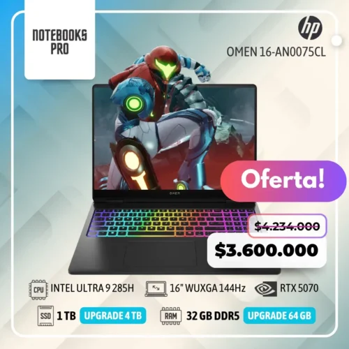 HP OMEN 16-AN0075CL - ULTRA 9 285H - SSD 1 TB - 32 GB RAM DDR5 - RTX 5070- 16" WUXGA 144Hz - Teclado Retroiluminado - 16 Núcleos