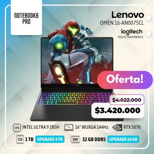 HP OMEN 16-AN0075CL - ULTRA 9 285H - SSD 1 TB - 32 GB RAM DDR5 - RTX 5070- 16" WUXGA 144Hz - Teclado Retroiluminado - 16 Núcleos
