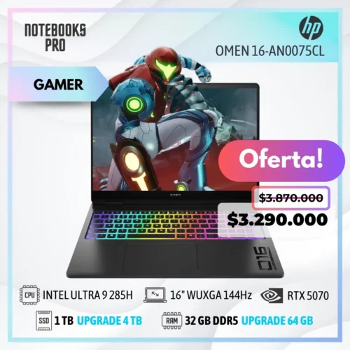 HP OMEN 16-AN0075CL - ULTRA 9 285H - SSD 1 TB - 32 GB RAM DDR5 - RTX 5070- 16" WUXGA 144Hz - Teclado Retroiluminado - 16 Núcleos