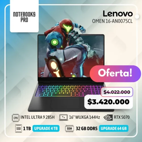 HP OMEN 16-AN0075CL - ULTRA 9 285H - SSD 1 TB - 32 GB RAM DDR5 - RTX 5070- 16" WUXGA 144Hz - Teclado Retroiluminado - 16 Núcleos