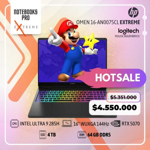 HP OMEN 16-AN0075CL EXTREME - ULTRA 9 285H - SSD 4 TB - 64 GB RAM DDR5 - RTX 5070- 16" WUXGA 144Hz - Teclado Retroiluminado - 16 Núcleos