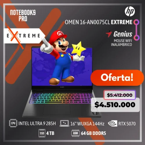HP OMEN 16-AN0075CL EXTREME - ULTRA 9 285H - SSD 4 TB - 64 GB RAM DDR5 - RTX 5070- 16" WUXGA 144Hz - Teclado Retroiluminado - 16 Núcleos