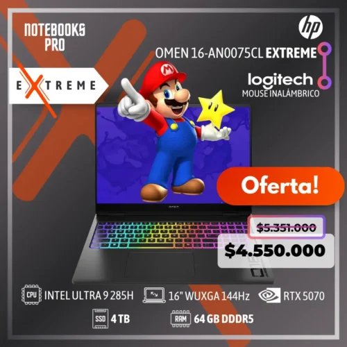 HP OMEN 16-AN0075CL EXTREME - ULTRA 9 285H - SSD 4 TB - 64 GB RAM DDR5 - RTX 5070- 16" WUXGA 144Hz - Teclado Retroiluminado - 16 Núcleos