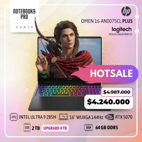HP OMEN 16-AN0075CL PLUS - ULTRA 9 285H - SSD 2 TB - 64 GB RAM DDR5 - RTX 5070- 16" WUXGA 144Hz - Teclado Retroiluminado - 16 Núcleos