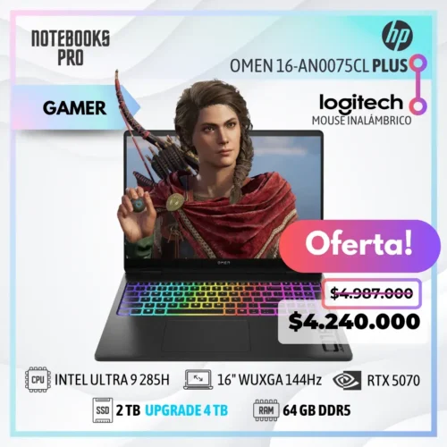 HP OMEN 16-AN0075CL PLUS - ULTRA 9 285H - SSD 2 TB - 64 GB RAM DDR5 - RTX 5070- 16" WUXGA 144Hz - Teclado Retroiluminado - 16 Núcleos