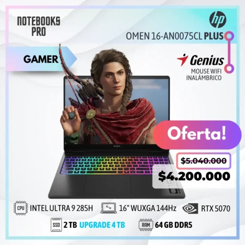 HP OMEN 16-AN0075CL PLUS - ULTRA 9 285H - SSD 2 TB - 64 GB RAM DDR5 - RTX 5070- 16" WUXGA 144Hz - Teclado Retroiluminado - 16 Núcleos