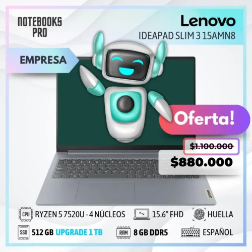 LENOVO IDEAPAD SLIM 3 15AMN8 - RYZEN 5 7520U - SSD 512 GB - 8 GB RAM DDR5 - 15.6" FHD - Lector de huella - 4 Núcleos