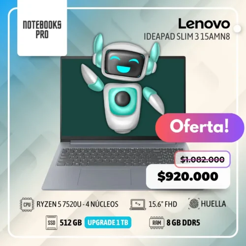 LENOVO IDEAPAD SLIM 3 15AMN8 - RYZEN 5 7520U - SSD 512 GB - 8 GB RAM DDR5 - 15.6" FHD - Lector de huella - 4 Núcleos- Touch