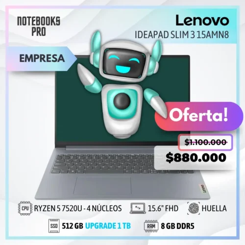 LENOVO IDEAPAD SLIM 3 15AMN8 - RYZEN 5 7520U - SSD 512 GB - 8 GB RAM DDR5 - 15.6" FHD - Lector de huella - 4 Núcleos
