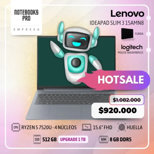 LENOVO IDEAPAD SLIM 3 15AMN8 - RYZEN 5 7520U - SSD 512 GB - 8 GB RAM DDR5 - 15.6" FHD - Lector de huella - 4 Núcleos- Touch