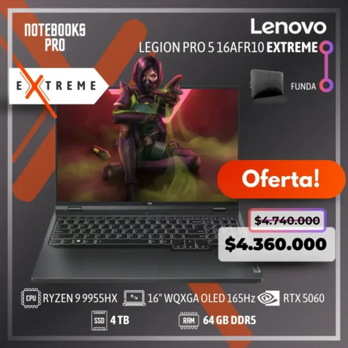 LENOVO LEGION PRO 5 16AFR10 EXTREME - RYZEN 9 9955HX - SSD 4 TB - 64 GB RAM DDR5 - 16" WQXGA OLED 165Hz - RTX 5060 - Teclado Retroiluminado - 16 Núcleos