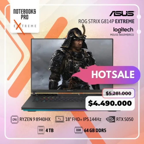 ASUS ROG STRIX G814P EXTREME - RYZEN 9 8940HX - SSD 4 TB - 64 GB RAM DDR5 - RTX 5050 - 18" FHD+ IPS 144Hz - Teclado Retroiluminado - 16 Núcleos