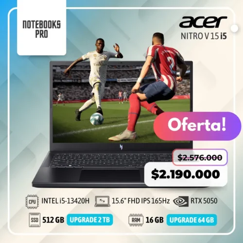 ACER NITRO V 15 - i5-13420H - SSD 512 GB - 16 GB RAM - 15.6" FHD IPS 165Hz - RTX 5050 - Teclado Retroiluminado - 8 Núcleos