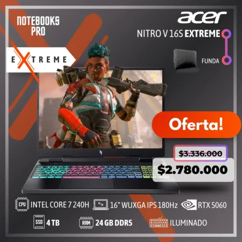 ACER NITRO V 16S EXTREME - INTEL CORE 7 240H - SSD 4 TB - 24 GB RAM DDR5 - RTX 5060 - 16" WUXGA IPS 180Hz - 10 Núcleos - Teclado Retroiluminado
