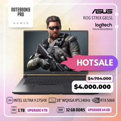 ASUS ROG STRIX G815L - INTEL CORE ULTRA 9 275HX - SSD 1 TB - 32 GB RAM DDR5 - RTX 5060 - 18" WQXGA IPS 240Hz - Teclado Retroiluminado - 24 Núcleos