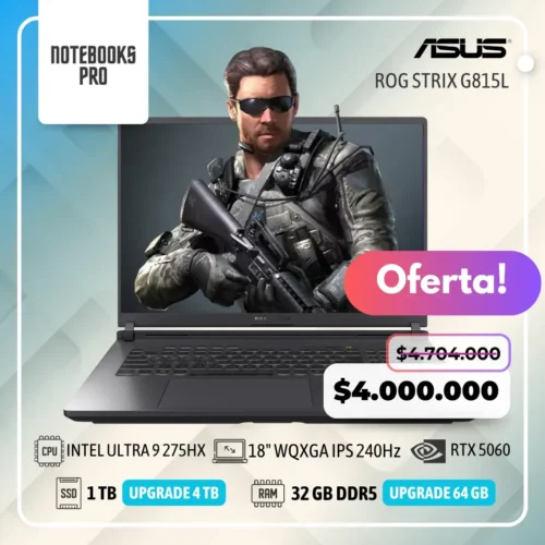 ASUS ROG STRIX G815L - INTEL CORE ULTRA 9 275HX - SSD 1 TB - 32 GB RAM DDR5 - RTX 5060 - 18" WQXGA IPS 240Hz - Teclado Retroiluminado - 24 Núcleos