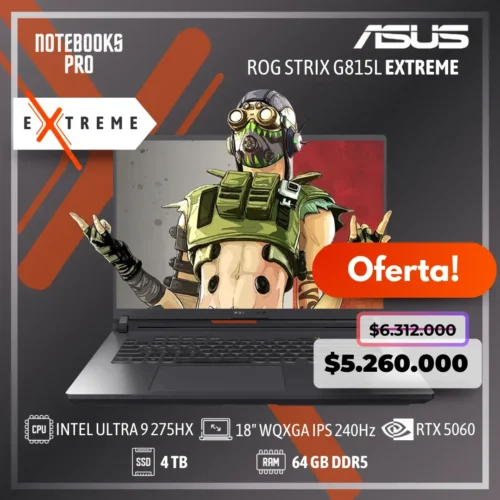 ASUS ROG STRIX G815L EXTREME - INTEL CORE ULTRA 9 275HX - SSD 4 TB - 64 GB RAM DDR5 - RTX 5060 - 18" WQXGA IPS 240Hz - Teclado Retroiluminado - 24 Núcleos