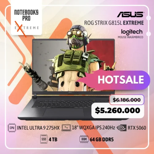 ASUS ROG STRIX G815L EXTREME - INTEL CORE ULTRA 9 275HX - SSD 4 TB - 64 GB RAM DDR5 - RTX 5060 - 18" WQXGA IPS 240Hz - Teclado Retroiluminado - 24 Núcleos