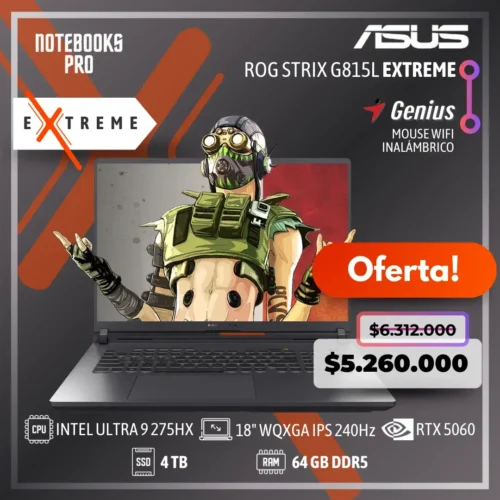 ASUS ROG STRIX G815L EXTREME - INTEL CORE ULTRA 9 275HX - SSD 4 TB - 64 GB RAM DDR5 - RTX 5060 - 18" WQXGA IPS 240Hz - Teclado Retroiluminado - 24 Núcleos