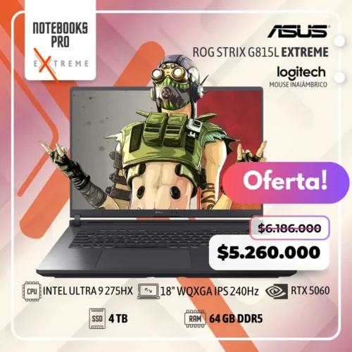 ASUS ROG STRIX G815L EXTREME - INTEL CORE ULTRA 9 275HX - SSD 4 TB - 64 GB RAM DDR5 - RTX 5060 - 18" WQXGA IPS 240Hz - Teclado Retroiluminado - 24 Núcleos