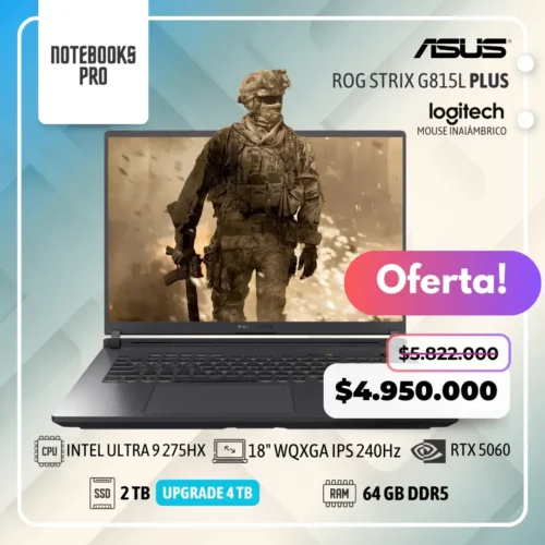 ASUS ROG STRIX G815L PLUS - INTEL CORE ULTRA 9 275HX - SSD 2 TB - 64 GB RAM DDR5 - RTX 5060 - 18" WQXGA IPS 240Hz - Teclado Retroiluminado - 24 Núcleos