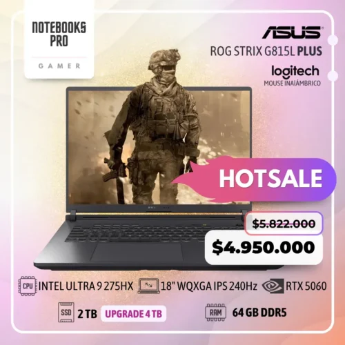 ASUS ROG STRIX G815L PLUS - INTEL CORE ULTRA 9 275HX - SSD 2 TB - 64 GB RAM DDR5 - RTX 5060 - 18" WQXGA IPS 240Hz - Teclado Retroiluminado - 24 Núcleos