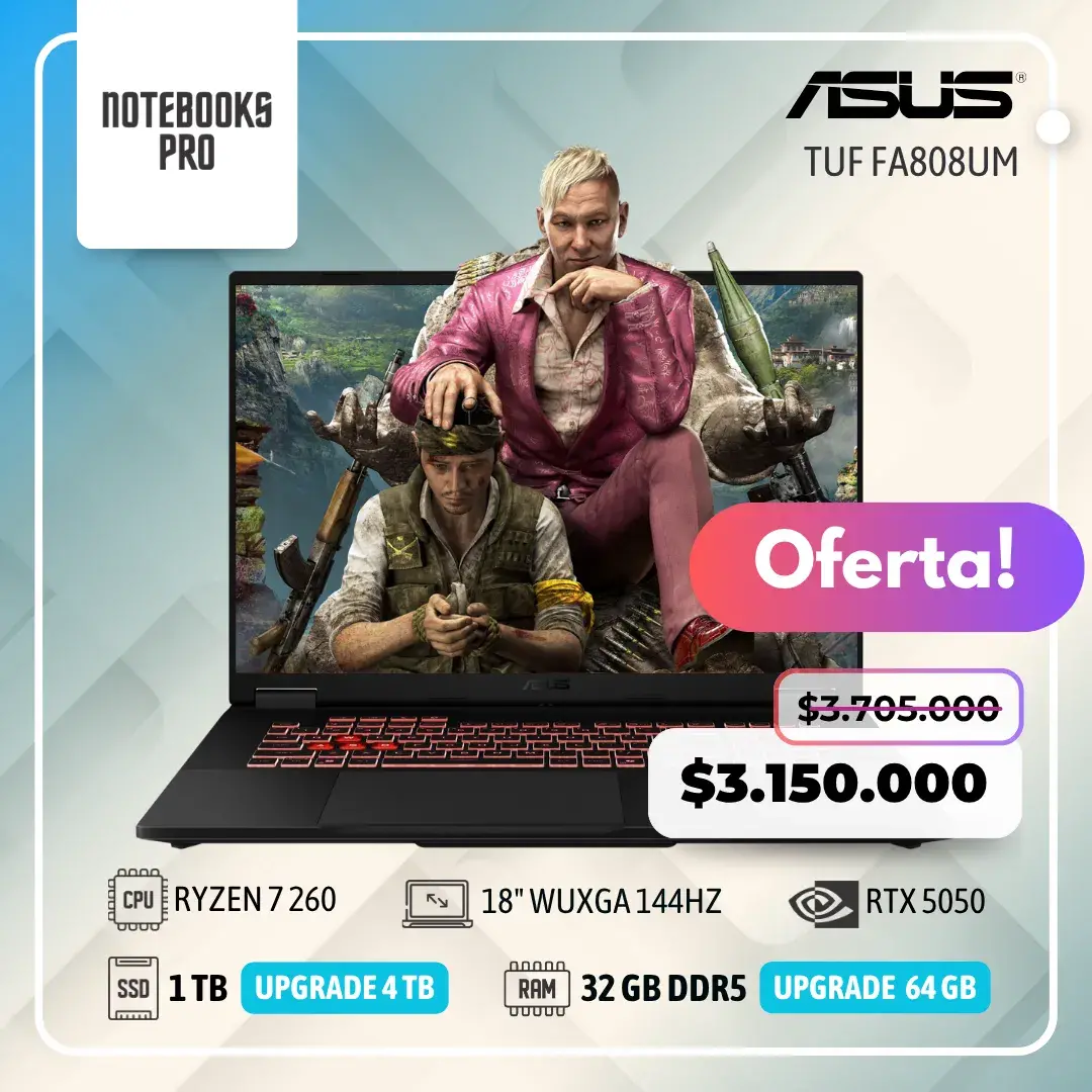 ASUS TUF FA808UM - RYZEN 7 260 - SSD 1 TB - 32 GB RAM DDR5 - 18" WUXGA 144HZ - RTX 5050 - Teclado retroiluminado - 8 Núcleos