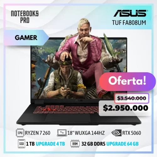 ASUS TUF FA808UM - RYZEN 7 260 - SSD 1 TB - 32 GB RAM DDR5 - 18" WUXGA 144HZ - RTX 5060 - Teclado retroiluminado - 8 Núcleos